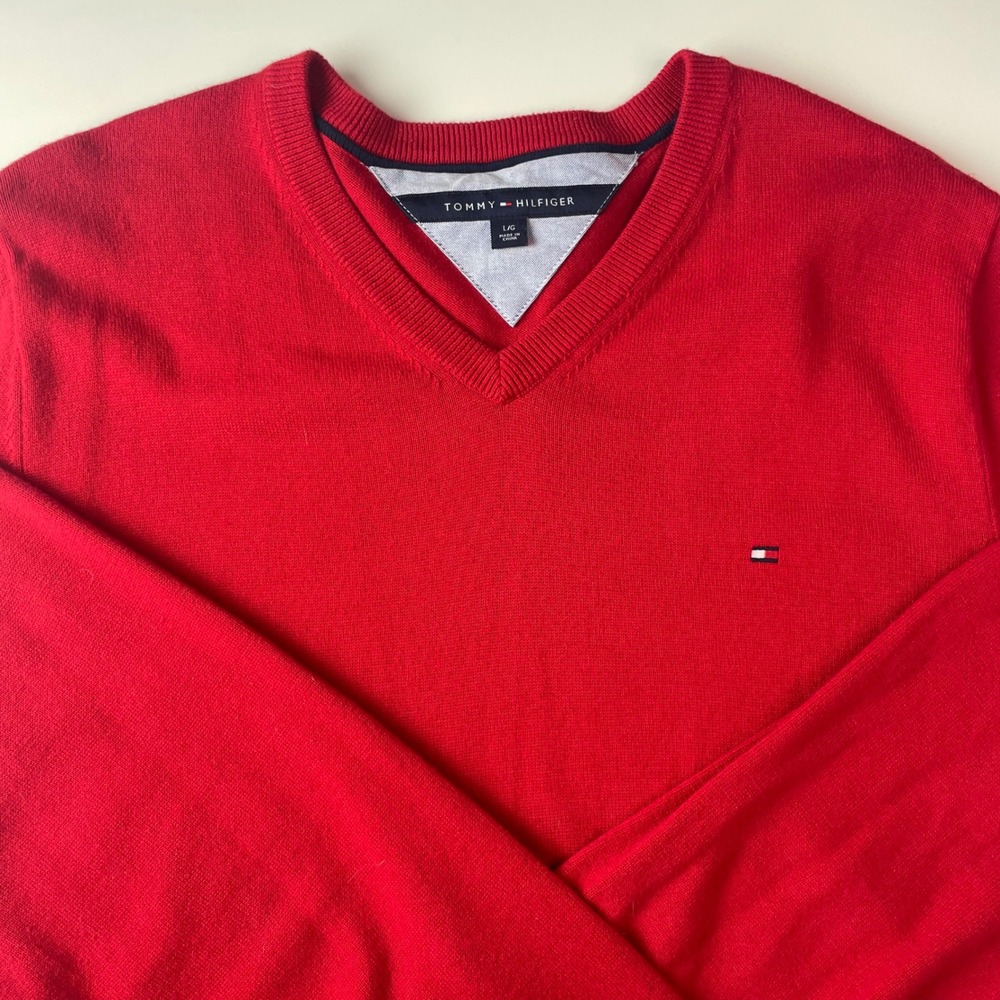 Tommy Hilfiger Mens Red‎ V-Neck Cotton Knit Sweater Flag Logo Large C837870555